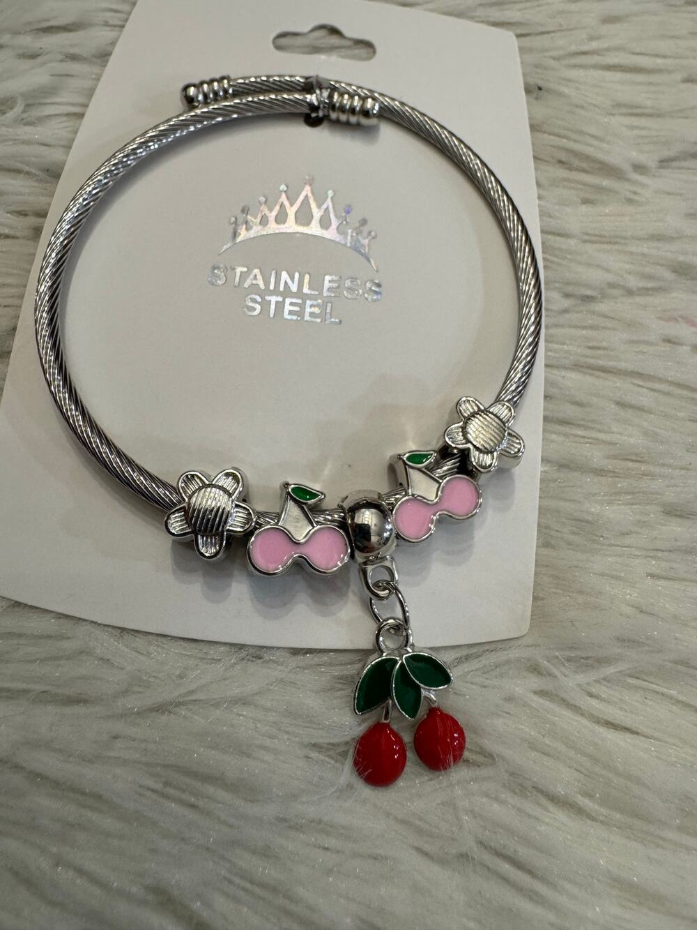 Stainless steel silver bangle bracelet pink and red cherries and green leaves
